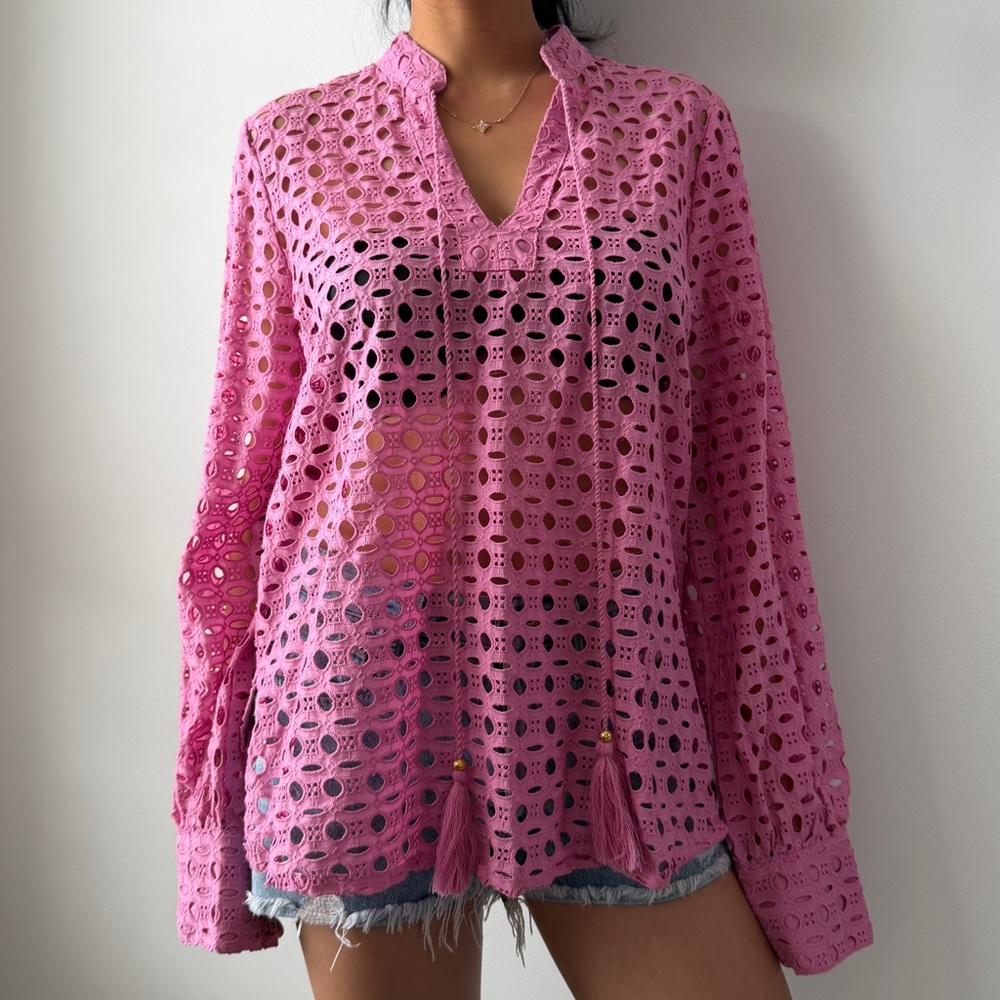 Calypso St. Barth Pink Long Sleeve Eyelet Top - Small